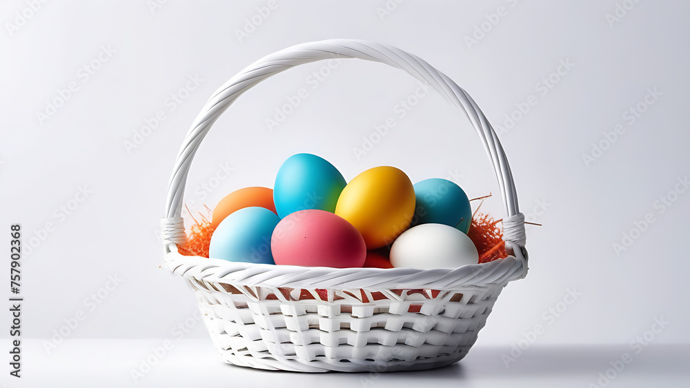 Easteg eggs in the white basket with copy space on white background Easteg eggs in the white basket with copy space on white background