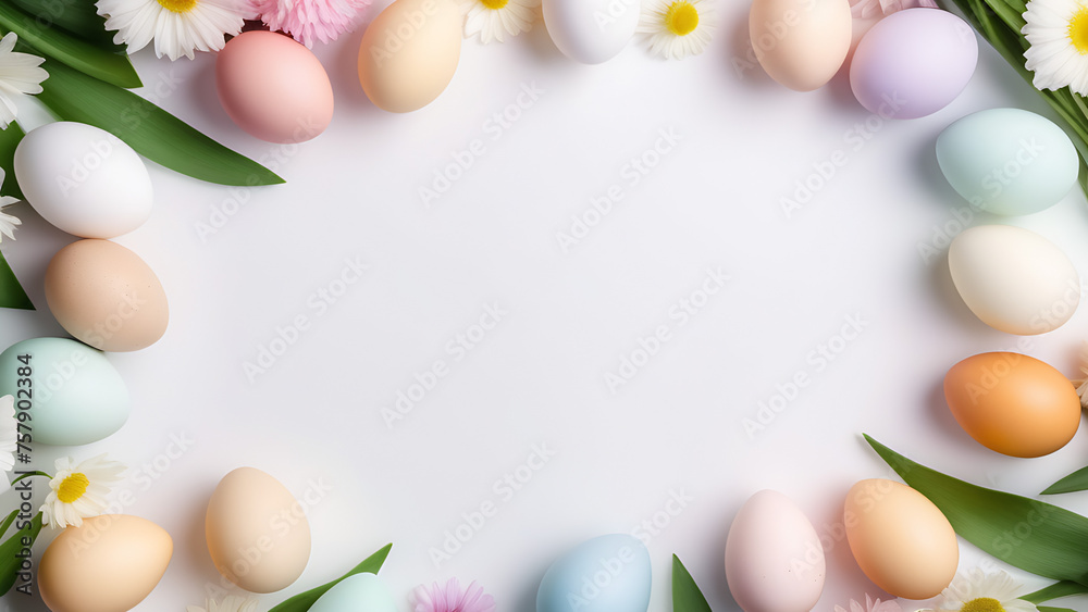 Frame made of Easter eggs and flowers on white background 