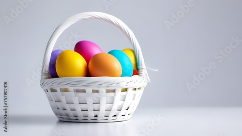 Easteg eggs in the white basket with copy space on white background 