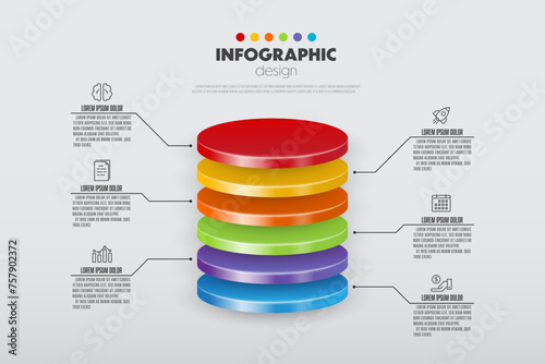 Vector stack of colorful circle infographic template with 3D for diagrams, graphs, presentations and business concept charts with 6 options.