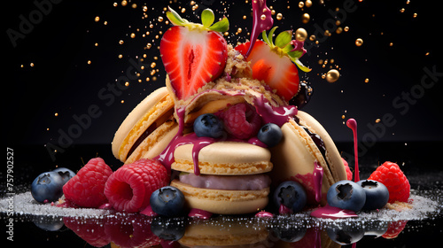 A tantalizing array of macarons featuring luscious blueberry, raspberry, and strawberry flavours, with splashes of fruit juice adding a burst of freshness.