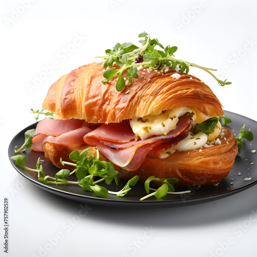 Croissants stuffed with ham, organic vegetables and cheese sandwiches on black dish on white background.