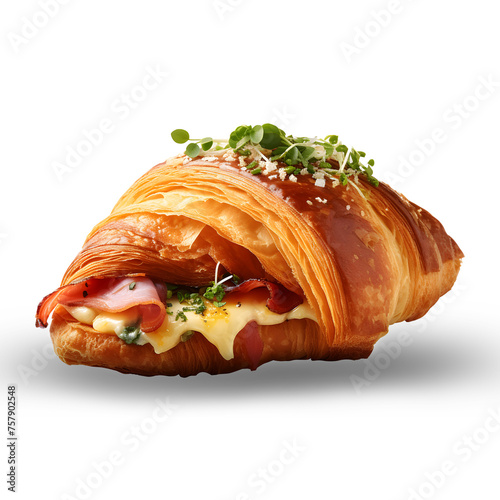 Croissants stuffed with ham, organic vegetables and cheese sandwiches, isolated on a white background, PNG file.