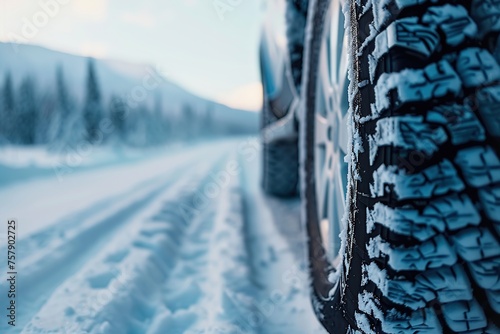 Winter tire. Detail of car tires in winter on the road covered with snow © Boraryn