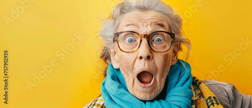 Astonished elderly lady with wide-eyed expression on yellow background.