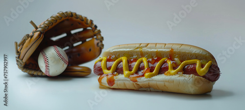 Juicy Hot dog with toppings with a baseball glove and baseball isolated on white background