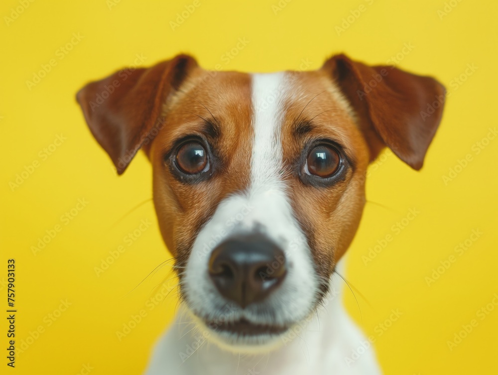 Close-up of a curious Jack Russell Terrier with a vivid yellow backdrop.