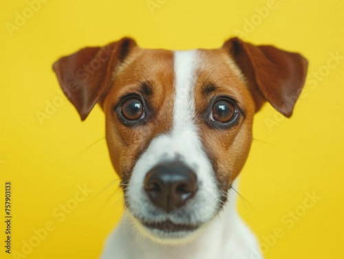 Close-up of a curious Jack Russell Terrier with a vivid yellow backdrop. © cherezoff