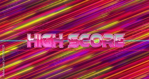 Image of high score text over neon banner against colorful light trails in seamless pattern