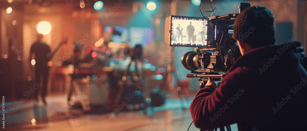 Cinematic behind-the-scenes view of a film crew capturing a night scene on set.