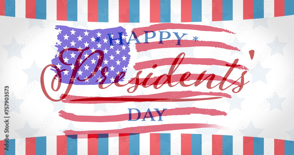 Obraz premium Composition of happy presidents' day text with striped border over american flag