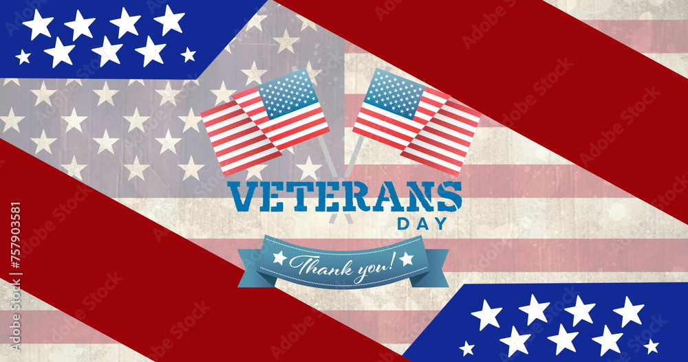 Obraz premium Composition of veterans day text, with stars and stripes and two american flags, over large flag