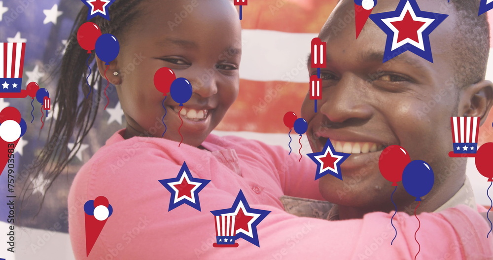Image of red, white and blue decorations, over smiling father and daughter and american flag