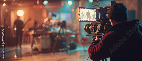 Cinematic behind-the-scenes view of a film crew capturing a night scene on set. photo