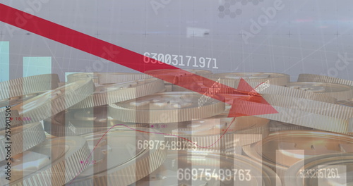 Image of numbers changing and data processing red arrow pointing down over gold coins