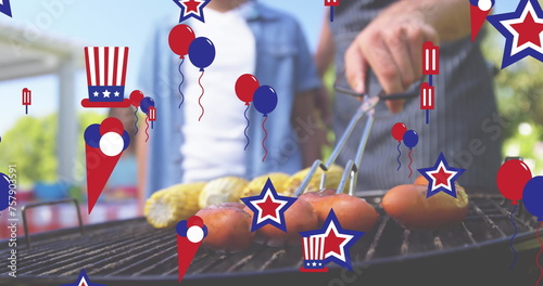 Image of american flag coloured decorations, floating over family barbecue