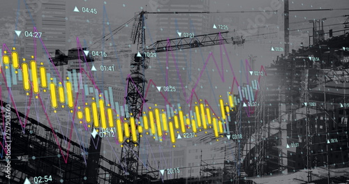 Image of construction site, financial data processing and statistics