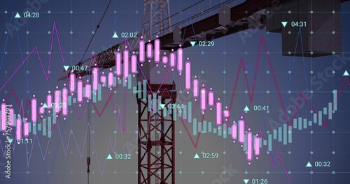 Image of crane at construction site, financial data processing and statistics