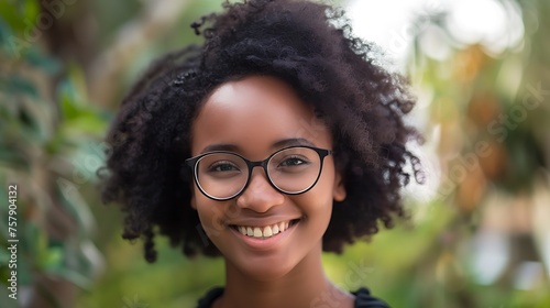 Cheerful young woman with curly hair wearing glasses and smiling at the camera. photo