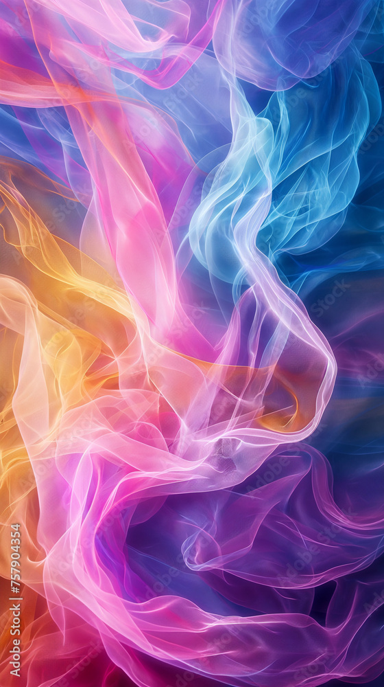 Obraz premium Soft ribbons of smoke display a harmony of colors, smoothly intertwining against a subtle blue backdrop, creating a calming yet dynamic effect. Colorful smoke ribbons on a blue background