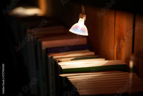 Books with the light of lamp in the library photo