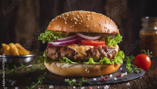 Ein saftiger, reichlich belegter Hamburger in einer rustikalen Umgebung