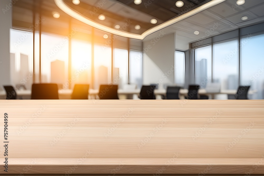 wooden table with blurred office scene