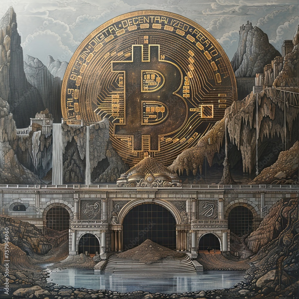 Monumental Bitcoin Currency Representation in Surreal Artwork