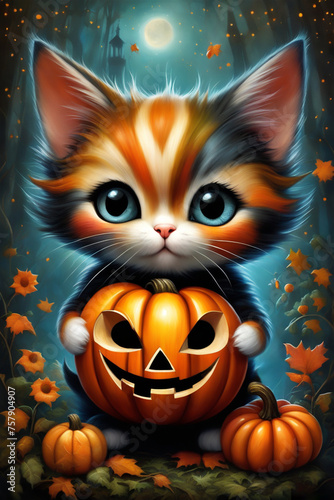 Halloween, cute cat in the forest, greeting cards, holidays, joy, postcards, posters