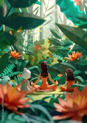 Family yoga session at home, surrounded by wonderous paper-crafted nature, Paper Cut Art photo