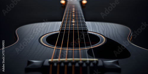 Black acoustic guitar on dark black wooden background. 