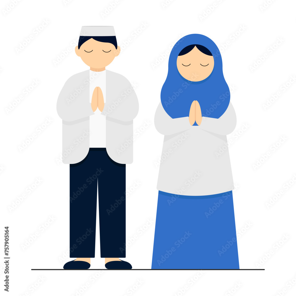 Muslim man and Muslim woman stand with closed eyes with folded hands in prayer. Vector illustration