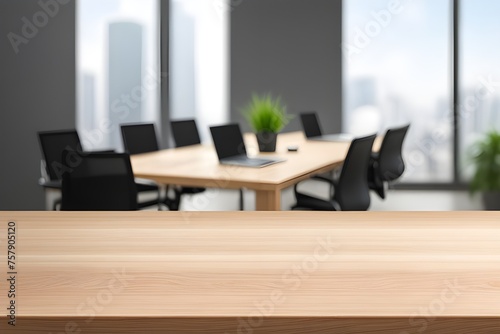 wooden table with blurred office scene