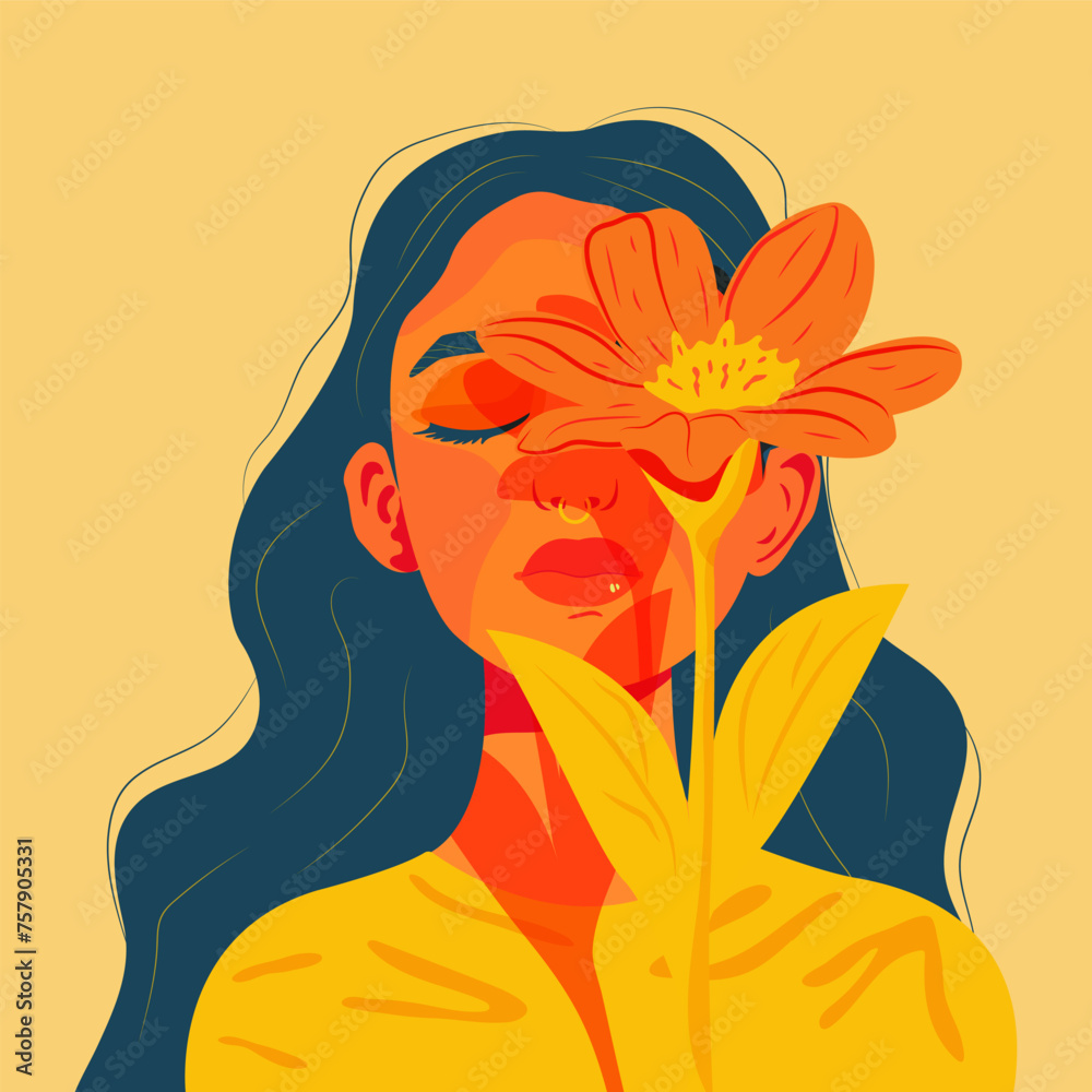 Loving girl and flower Delicate, dreamy girl. Vector illustration for cover or postcard. Isolated on warm yellow background Loving girl and flower Delicate, dreamy girl. Vector illustration for cover or postcard. Isolated on warm yellow background
