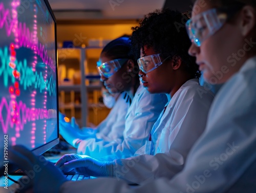 Diverse group of scientists working together in a laboratory, focused on analyzing digital data on a monitor.