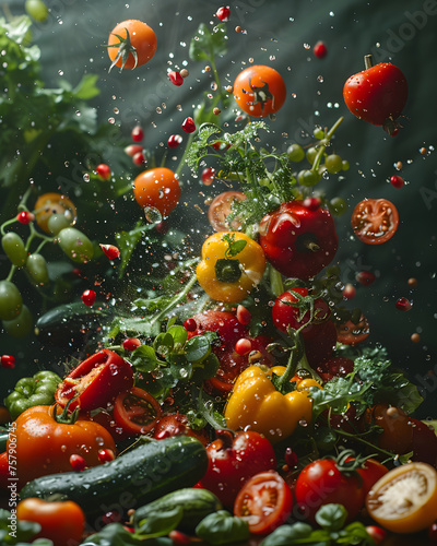 Assorted vegetables flying in the air with water droplets on a green background. Dynamic food photography with copy space. Healthy eating and cooking concept. Design for recipe book, kitchen poster