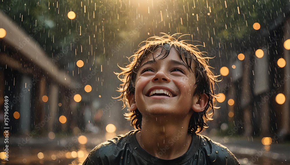 Ein Junge hat Spaß und steht im warmen Sommer Regen, die Tropfen Wasser durchnässen ihn und er genießt die feuchte Abkühlung lächelnd wie eine Dusche - obrazy, fototapety, plakaty 