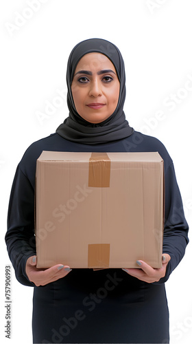 Muslim young woman holding a large box  white background photo