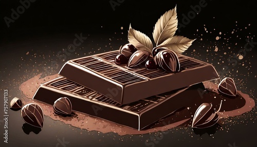 chocolate cake with beans, chocolate swirls on a black background, computer graphics by Andries Both