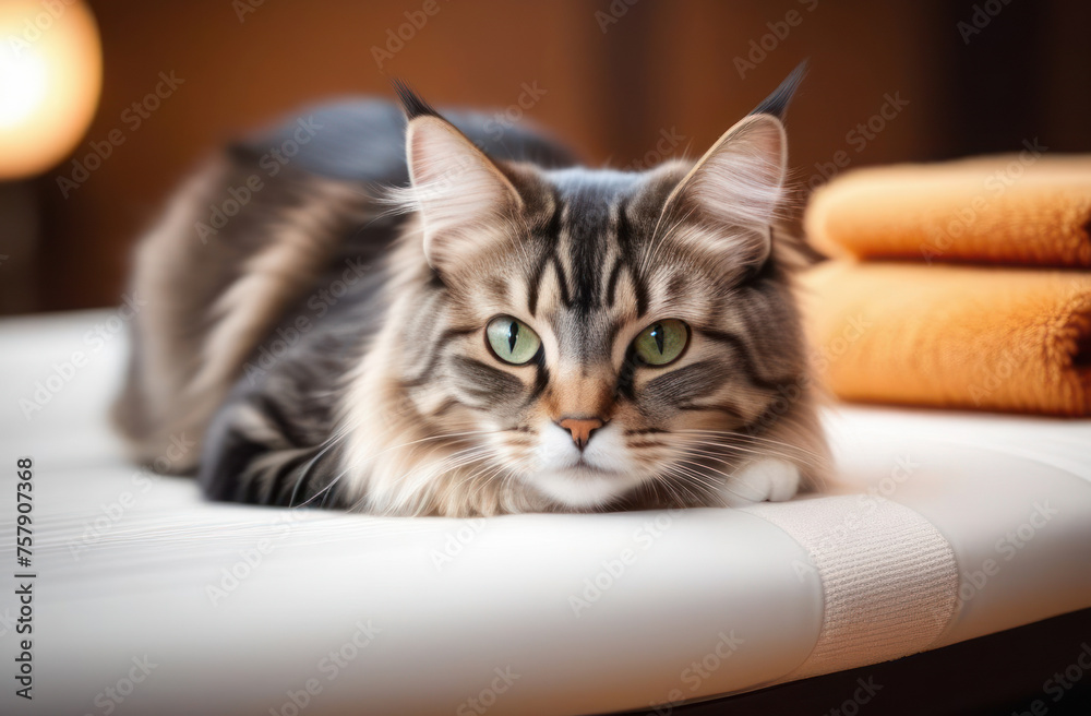 Domestic cat is lying on the couch at the spa. Caring for pets, little brothers, love for animals. Domestic cat is lying on the couch at the spa. Caring for pets, little brothers, love for animals.