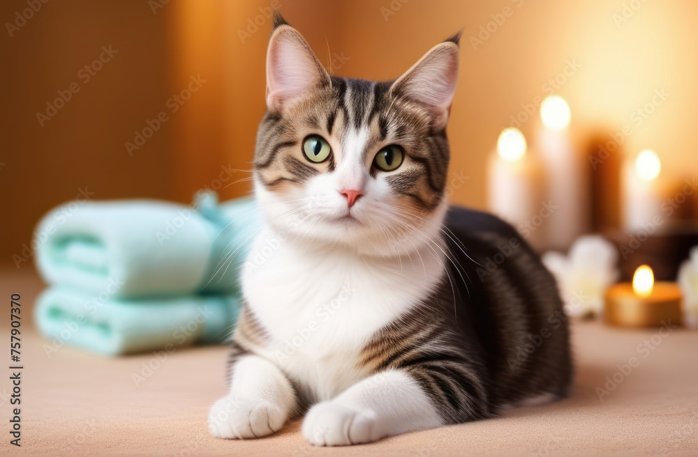 Cute domestic cat treatments at the spa. Caring for pets, little brothers, love for animals.