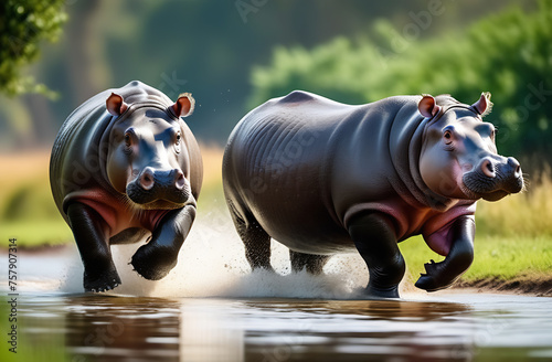 Hippos running on water, safari, travel destinations.