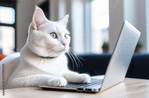 White cat working at the laptop at home or office. Big boss.