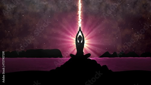 Girl Doing Yoga With Bright Optical Lens Effects Animation. Silhouette Girl Doing Yoga Lotus Position And Energy Light Produce Form Her Body Animation Effects. A Woman Meditating Chakras Asan. Yoga photo