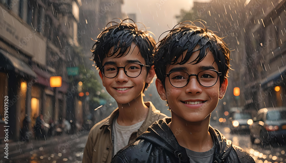 Zwillinge Brüder Jungen haben Spaß und steht im Sommer Regen, die Tropfen Wasser durchnässen beide und sie genießen zusammen die feuchte Abkühlung lächelnd wie eine Dusche - obrazy, fototapety, plakaty 