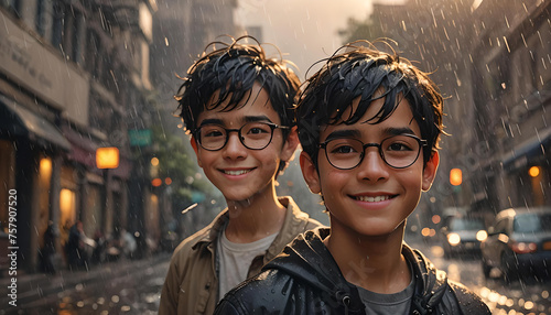 Zwillinge Brüder Jungen haben Spaß und steht im Sommer Regen, die Tropfen Wasser durchnässen beide und sie genießen zusammen die feuchte Abkühlung lächelnd wie eine Dusche