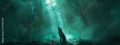 A wolf howls in the night, under an ominous sky with rain pouring down