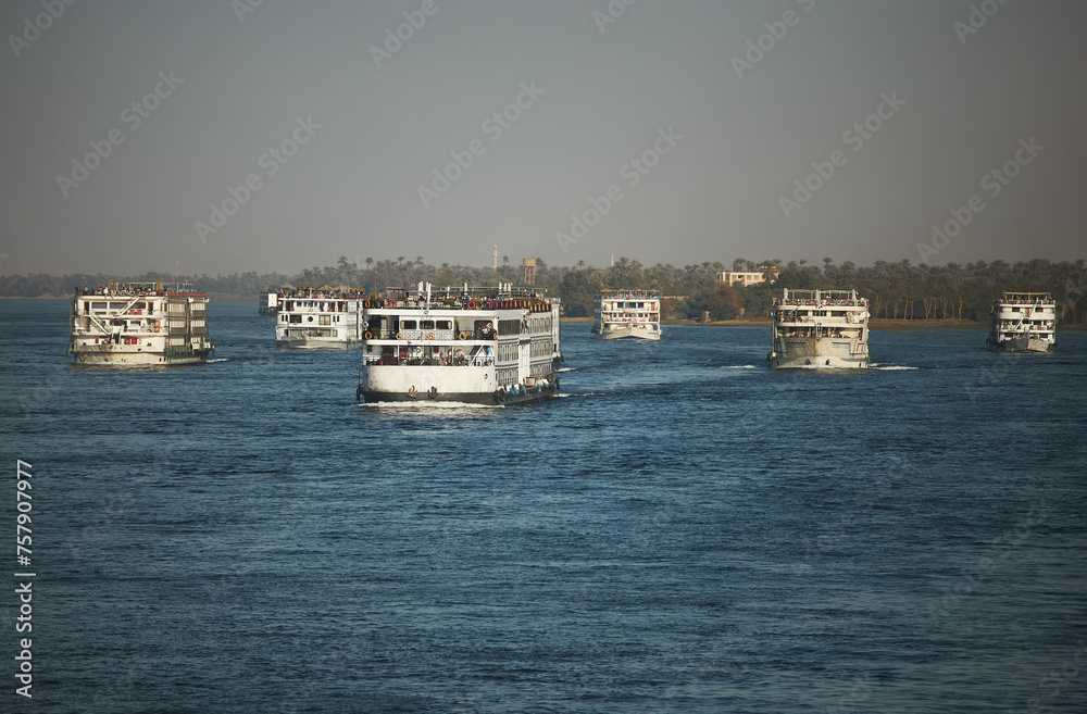 Cruise ships on the Nile. Summer trip. Popular way for tourists to see ancient Egypt. Vacation destination