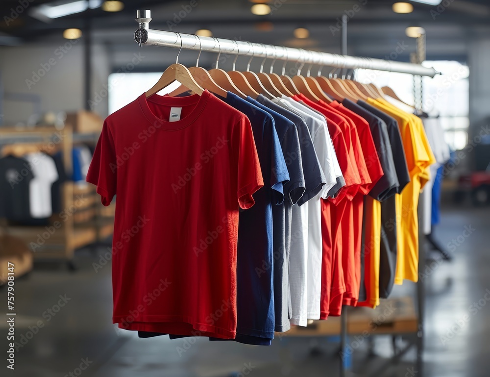 A rack of colorful tshirts hanging on wooden hangers in an industrial setting, with each shirt representing different colors and designs. 