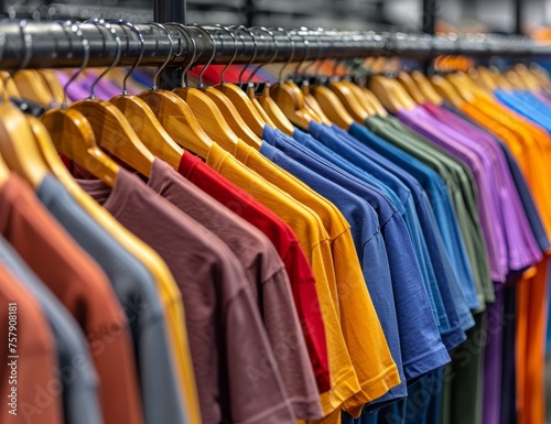 A rack of colorful tshirts hanging on wooden hangers in an industrial setting, with each shirt representing different colors and designs. 